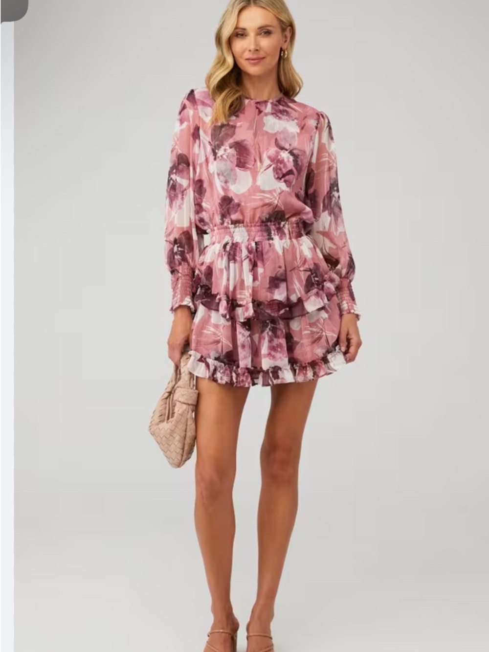 Misa Los Angeles Pink Floral Tiered Long-Sleeve Mini Dress